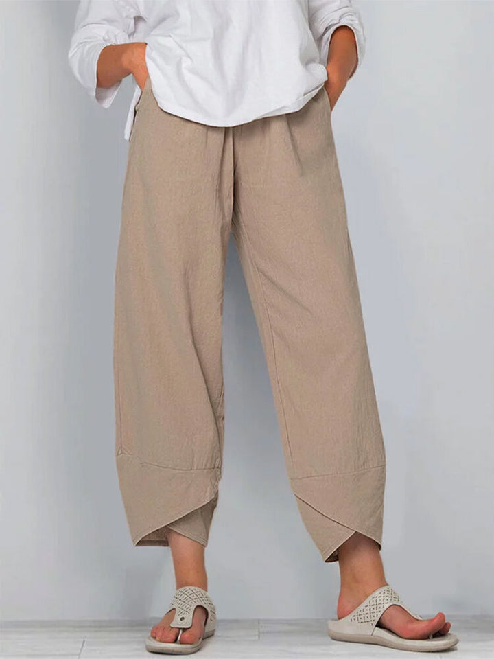 Damen nan weit geschnittene Leinenhose mit Tulpen-Saum und elastischem Bund Drune