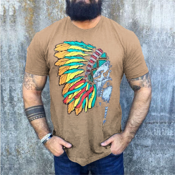 Herren T-Shirt mit auffälligem Totenkopf- und Federschmuck-Print Drune