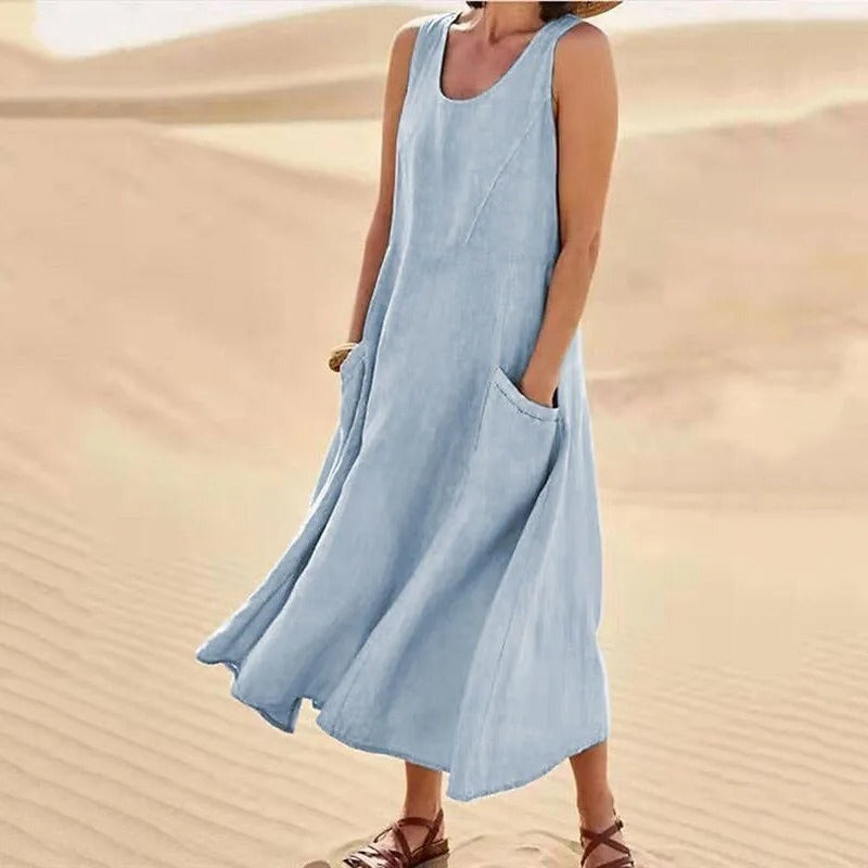 Drune - Leinen-Baumwoll-Ärmelloses Kleid für Frauen