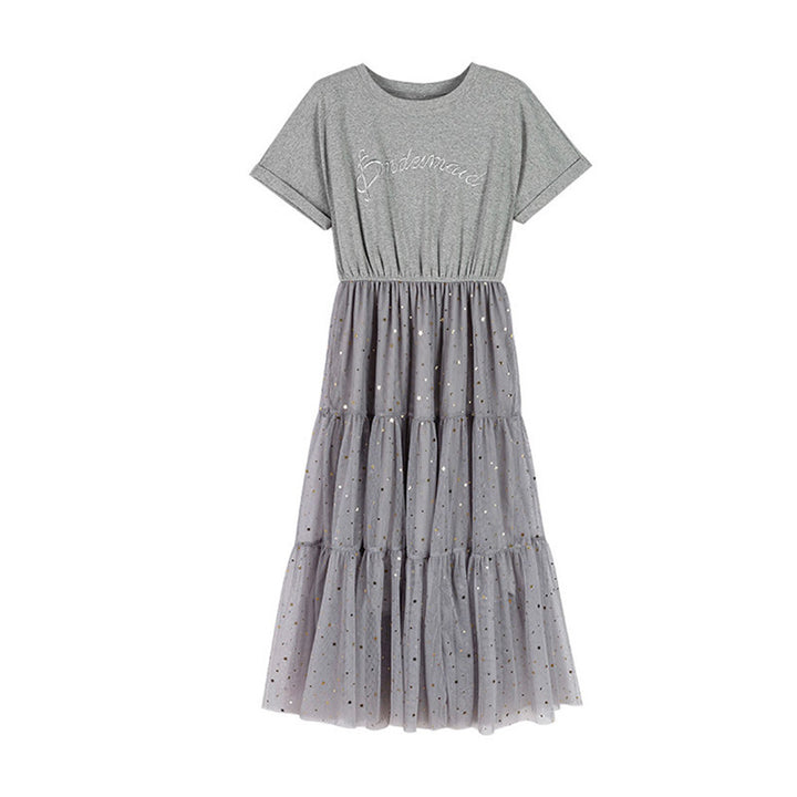 Damen langes Kleid mit dekorativen Tüllschichten und Gummizug Drune