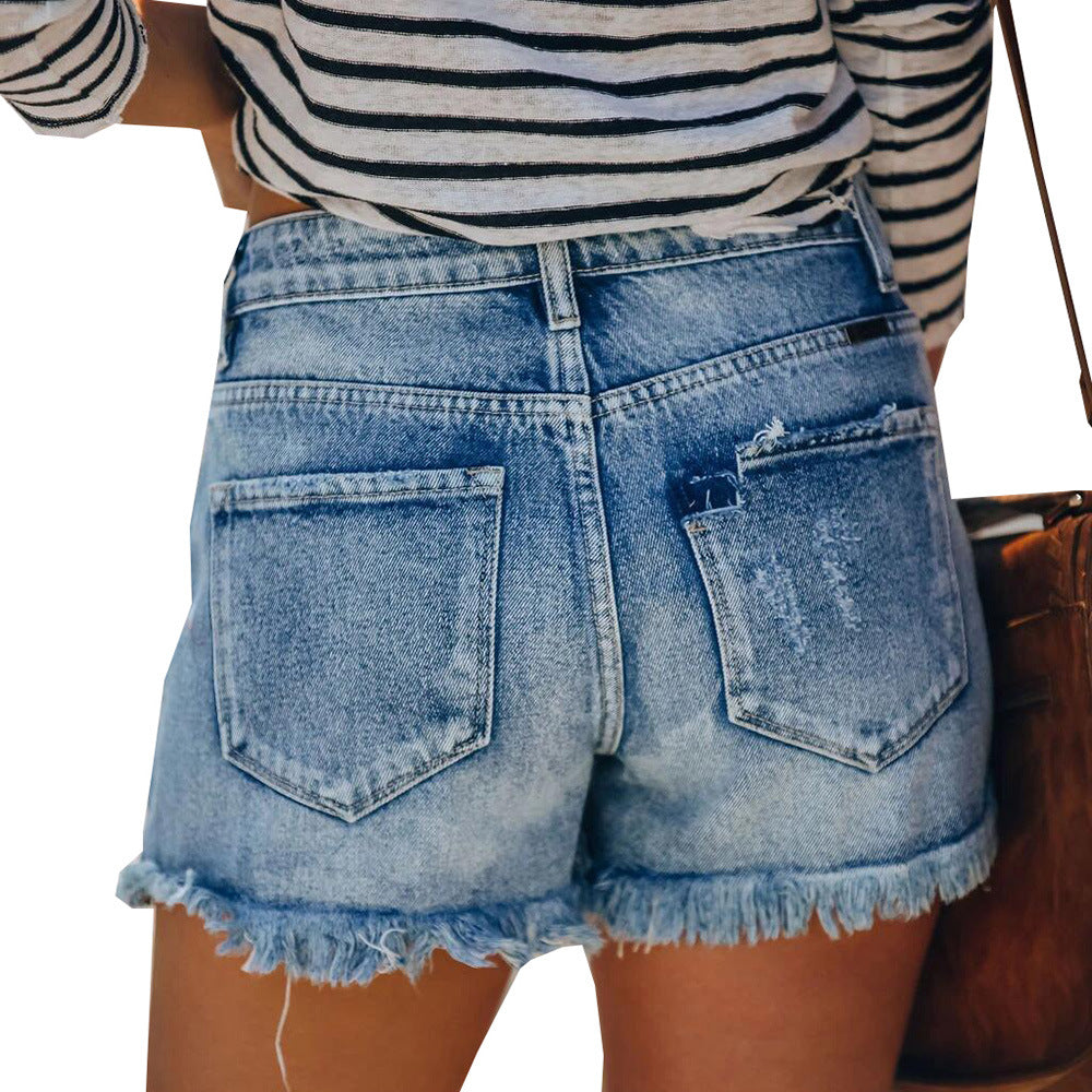 Damen Jeansshorts im lässigen Vintage-Stil mit fransigem Saum und modischen Rissdetails Drune