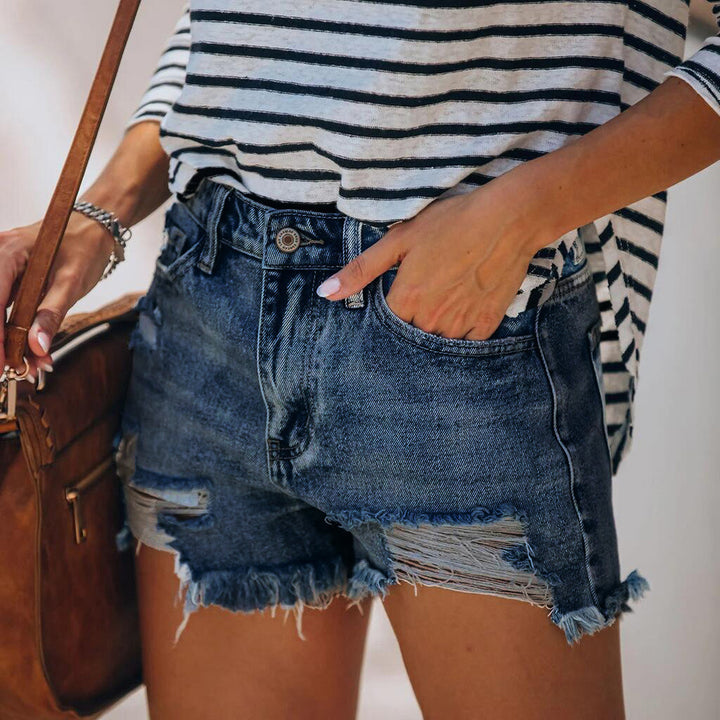 Damen Jeansshorts im lässigen Vintage-Stil mit fransigem Saum und modischen Rissdetails Drune