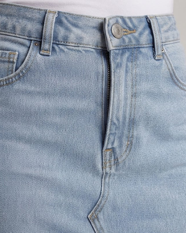 Damen Hochtaillierter Jeans-Maxirock mit vorderem Schlitz und rohem Saum Drune