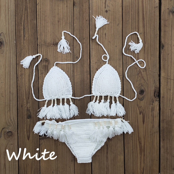 Damen Häkel-Bikini-Set mit fransigen Details und verstellbaren Trägern Drune