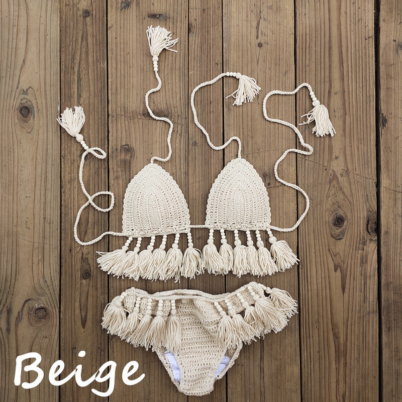 Damen Häkel-Bikini-Set mit fransigen Details und verstellbaren Trägern Drune