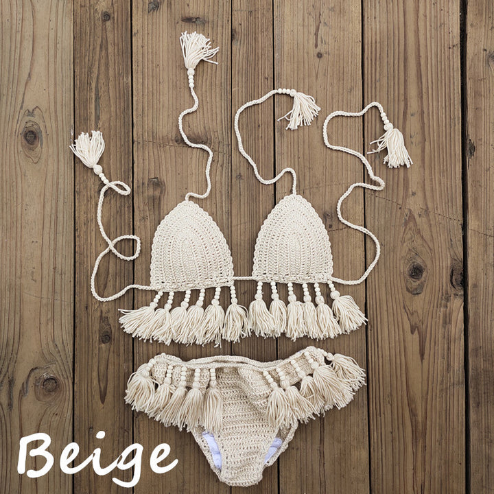 Damen Häkel-Bikini-Set mit fransigen Details und verstellbaren Trägern Drune