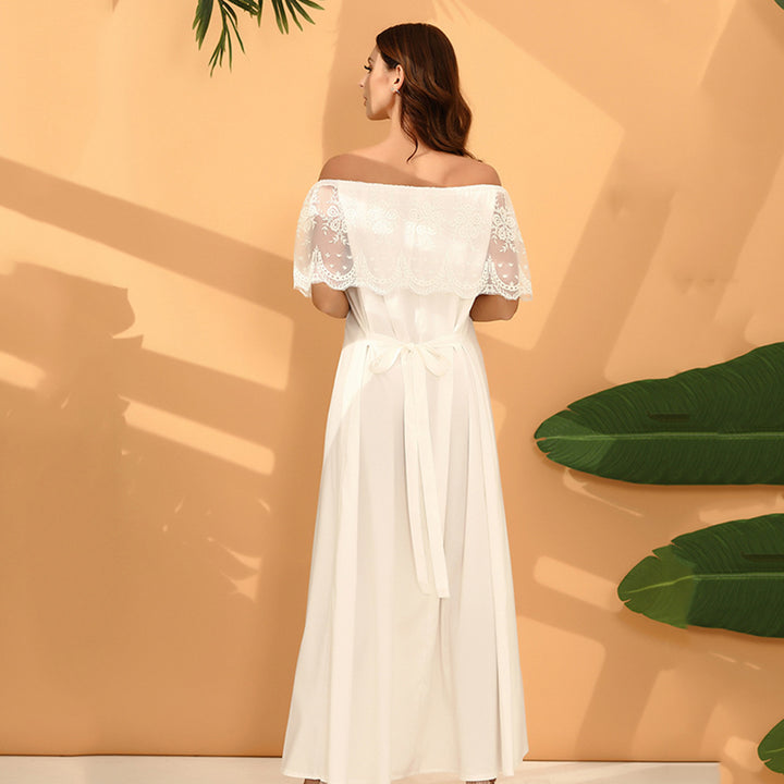 Damen Maxikleid mit schulterfreiem Design und zarter Spitzenverzierung Drune