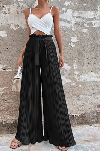 Drune | Fashion Unifarben Falten Lose Mittlere Taille Weite Bein Einfarbige Hosen - 4 Farben