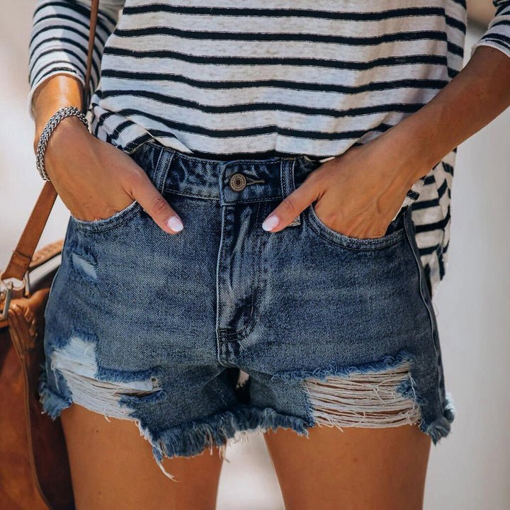 Damen Jeansshorts im lässigen Vintage-Stil mit fransigem Saum und modischen Rissdetails Drune