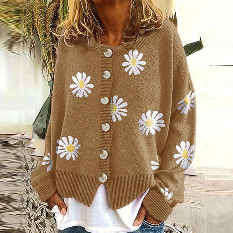 Drune | Strickjacke - Damen Herbst Blumen Knopf-Überzieh Strickjacke