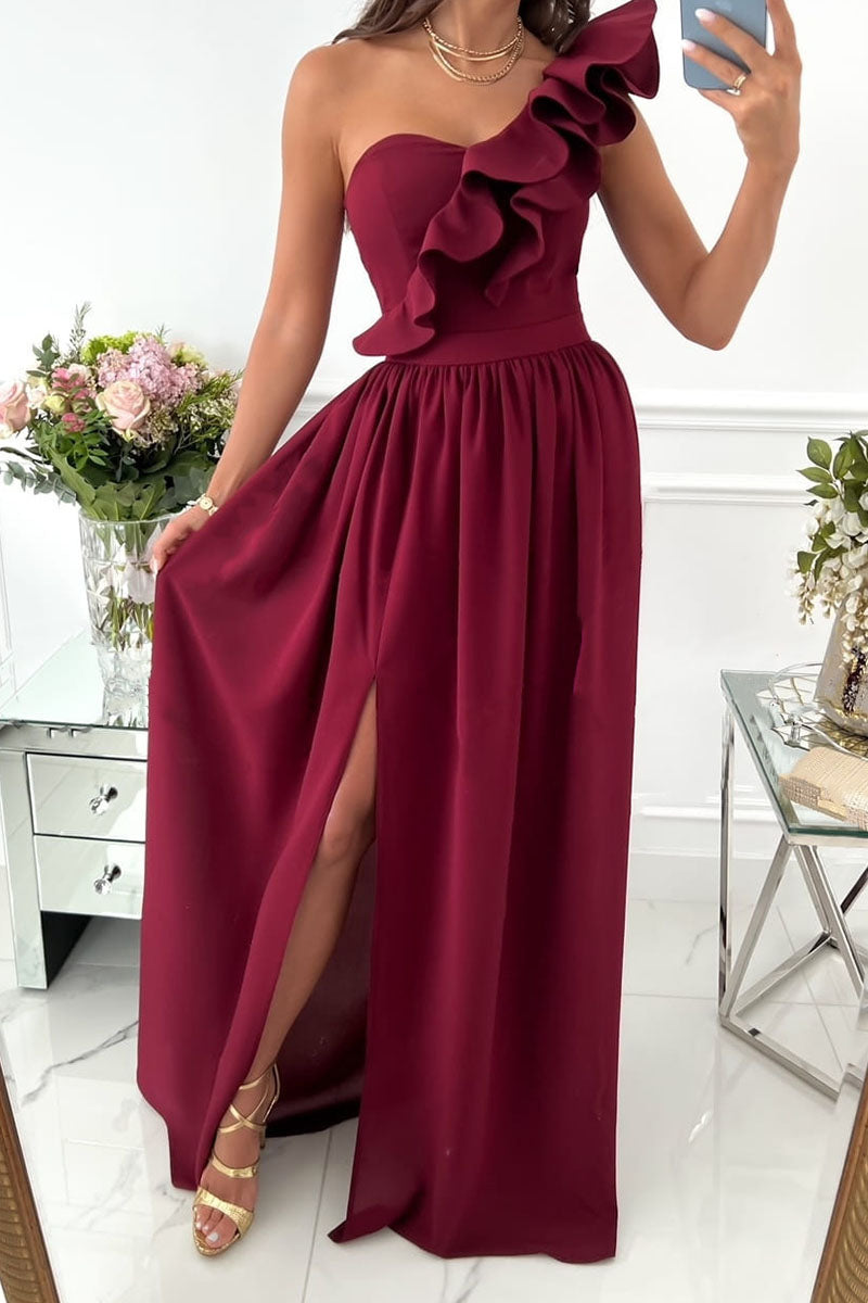 Drune | Sexy Elegante Druck Patchwork Rüsch Schräger Kragen Kleider
