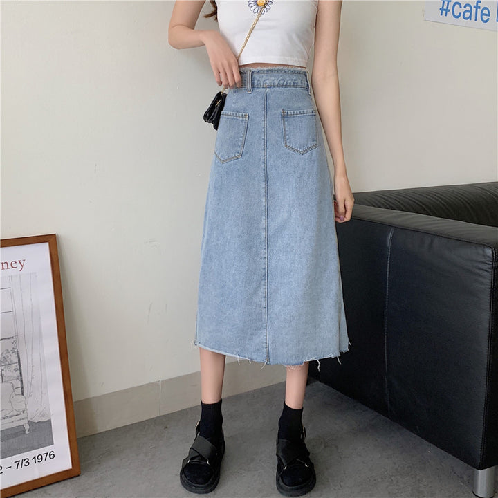 Damen Langer Denimrock mit Knopfleiste und Fransen Drune