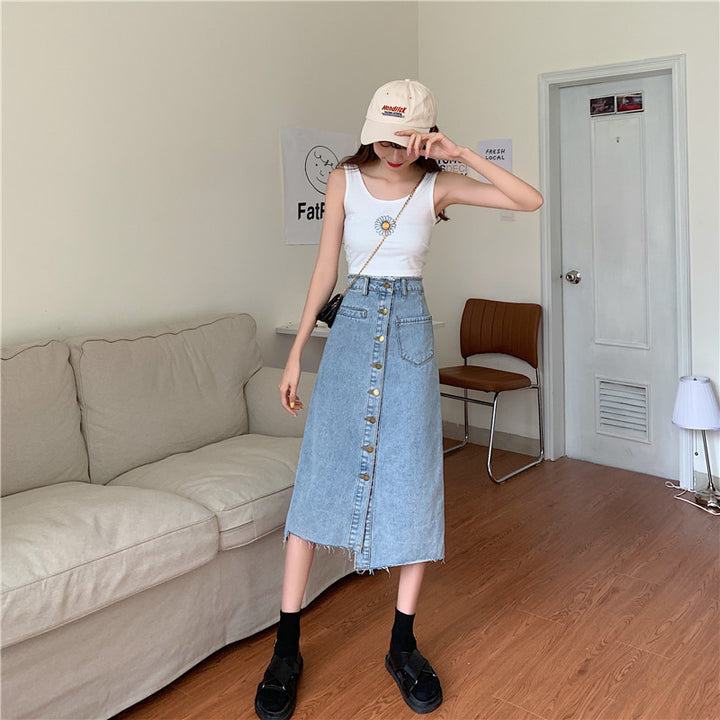 Damen Langer Denimrock mit Knopfleiste und Fransen Drune