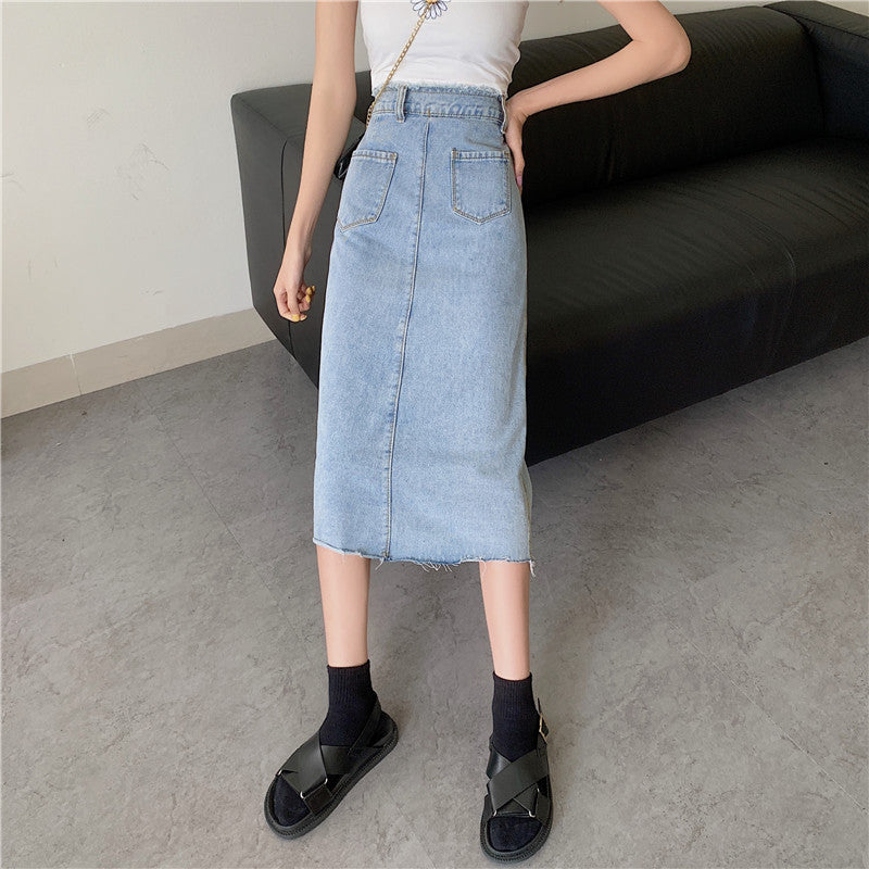 Damen Langer Denimrock mit Knopfleiste und Fransen Drune
