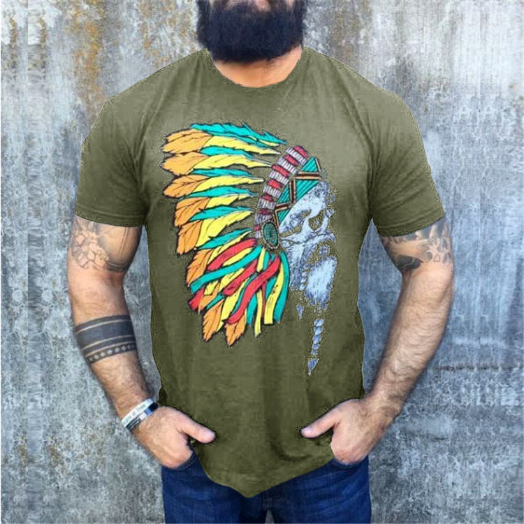 Herren T-Shirt mit auffälligem Totenkopf- und Federschmuck-Print Drune