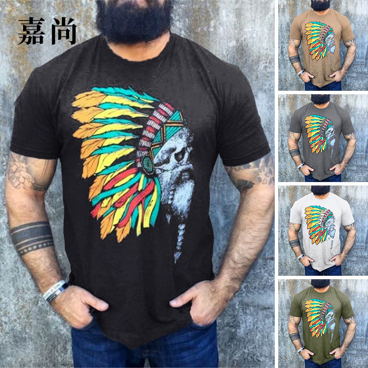 Herren T-Shirt mit auffälligem Totenkopf- und Federschmuck-Print Drune