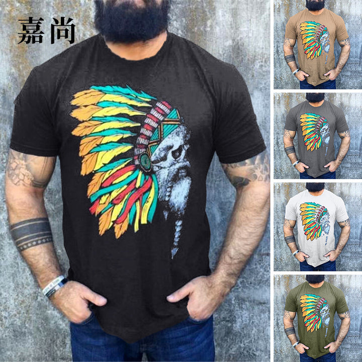 Herren T-Shirt mit auffälligem Totenkopf- und Federschmuck-Print Drune