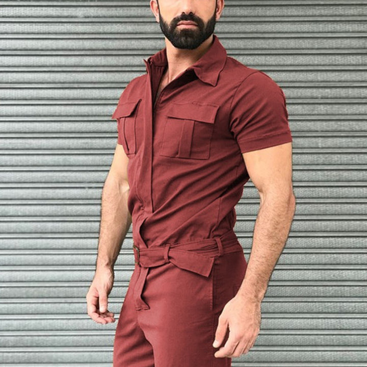 Herren nan Kurzarm-Arbeits-Overall mit Taillengürtel und Brusttaschen Drune
