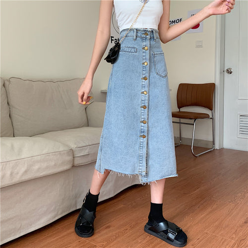 Damen Langer Denimrock mit Knopfleiste und Fransen Drune