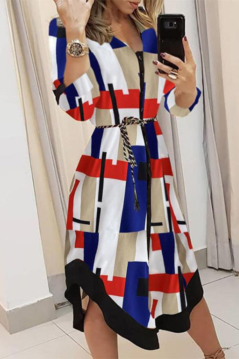 Drune | Elegante Druckdruck Umgeschlagener Kragen A-Linie Kleider