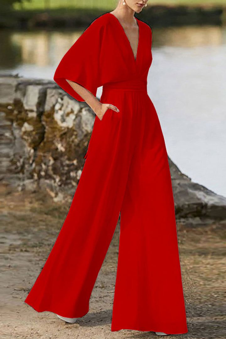 Drune | Elegante Einfarbige V-Ausschnitt Boot Cut Jumpsuits