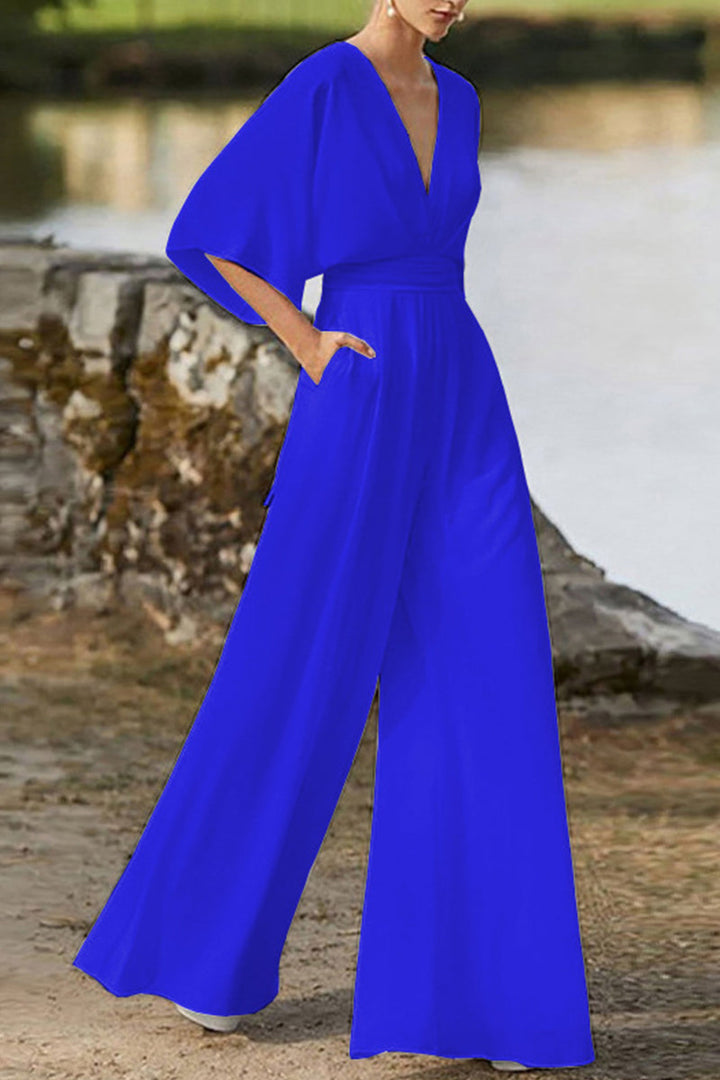 Drune | Elegante Einfarbige V-Ausschnitt Boot Cut Jumpsuits