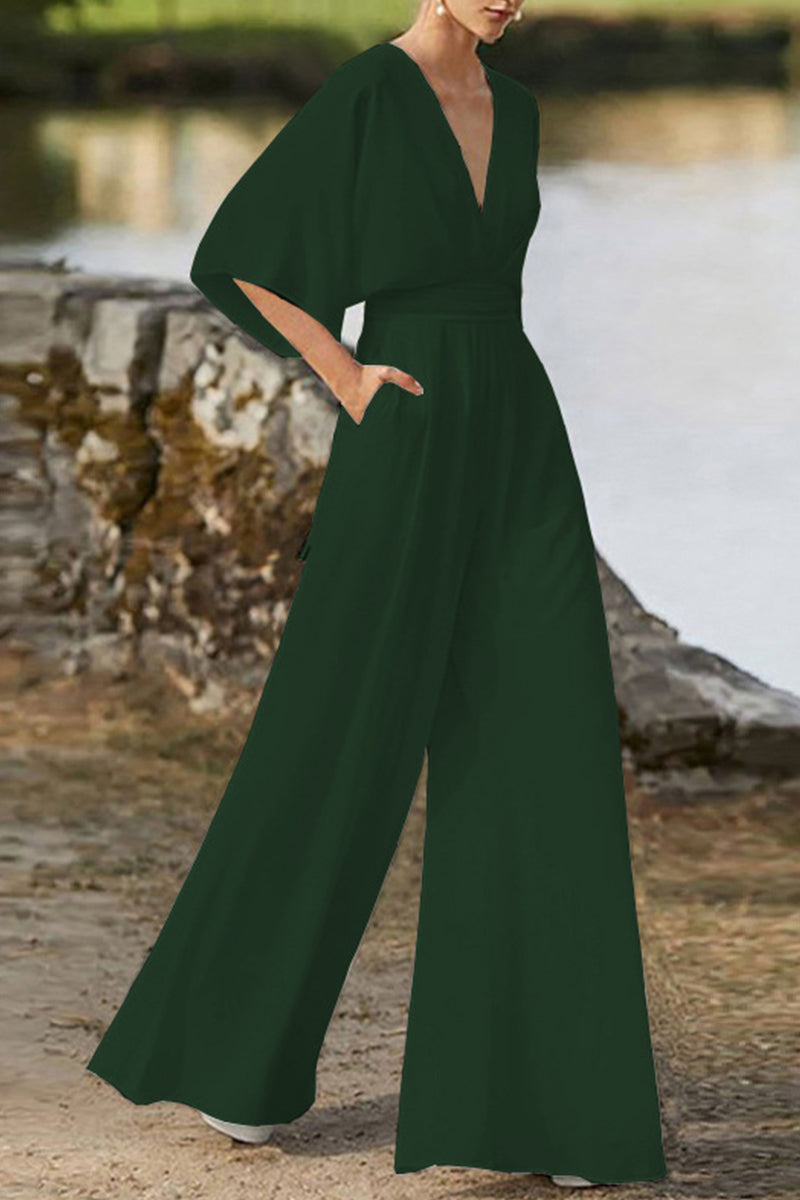 Drune | Elegante Einfarbige V-Ausschnitt Boot Cut Jumpsuits