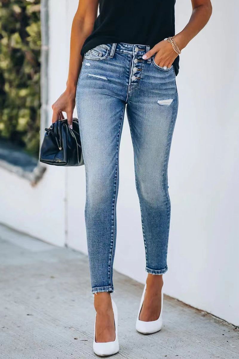 Drune | Straßenfest Solide Knöpfe Solide Farbe Denim Jeans