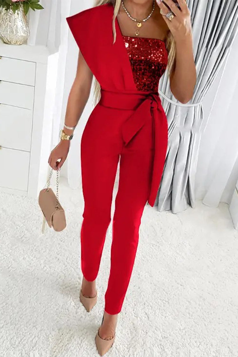 Drune | Süß Elegante Patchwork Pailletten Asymmetrischer Kragen Reguläre Jumpsuits- 5 Farben