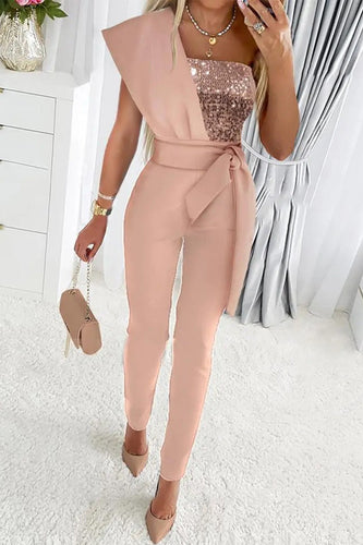 Drune | Süß Elegante Patchwork Pailletten Asymmetrischer Kragen Reguläre Jumpsuits- 5 Farben