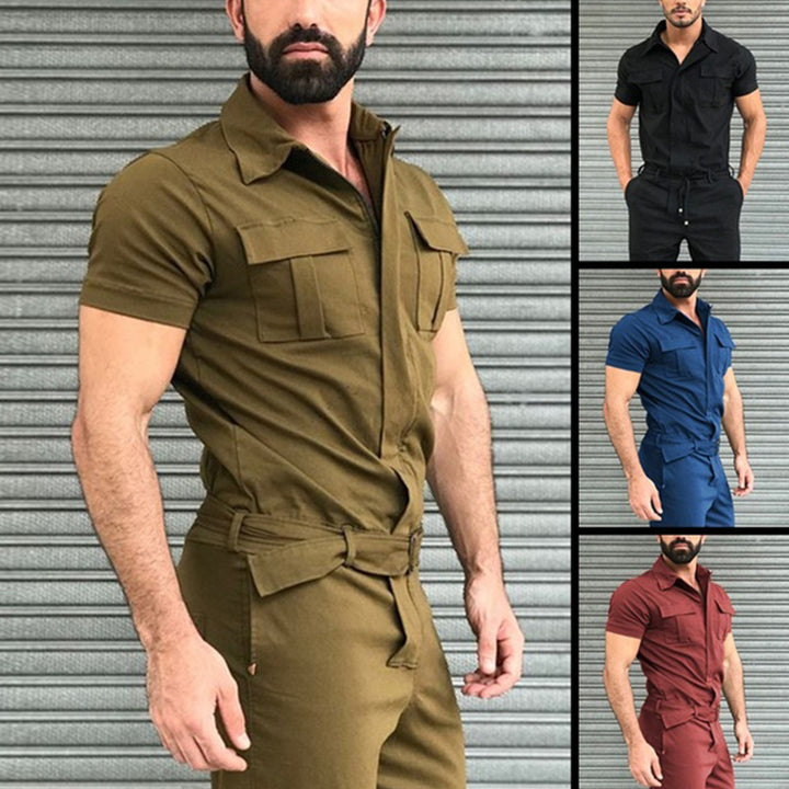 Herren nan Kurzarm-Arbeits-Overall mit Taillengürtel und Brusttaschen Drune