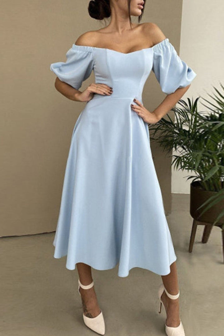 Drune | Elegante Einfarbige Off The Shoulder A-Linie Kurze Ärmel Kleid