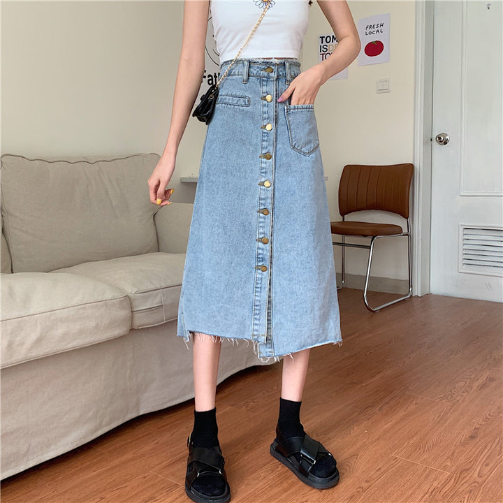 Damen Langer Denimrock mit Knopfleiste und Fransen Drune