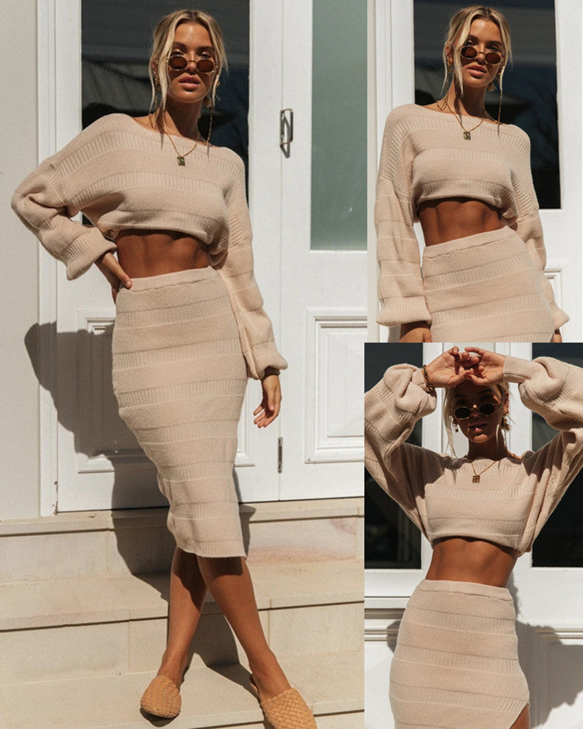 Damen elegantes deux pièces Set mit weitem Cropped-Oberteil und figurbetontem Rock Drune