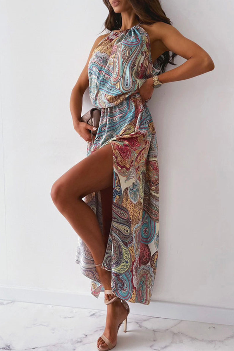 Drune | Jahrgang Elegant Print Halter A-Linie Kleider