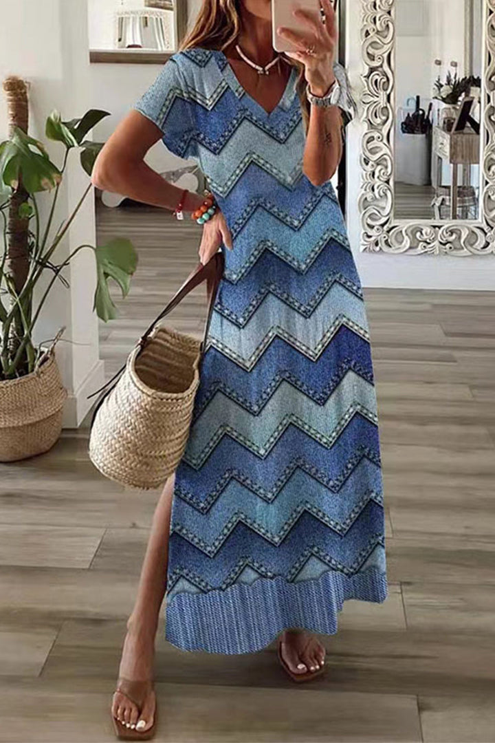Drune | Lässiges Mischdruck Patchwork Übersee Bedrucktes Kleid Kurze Ärmel Kleid