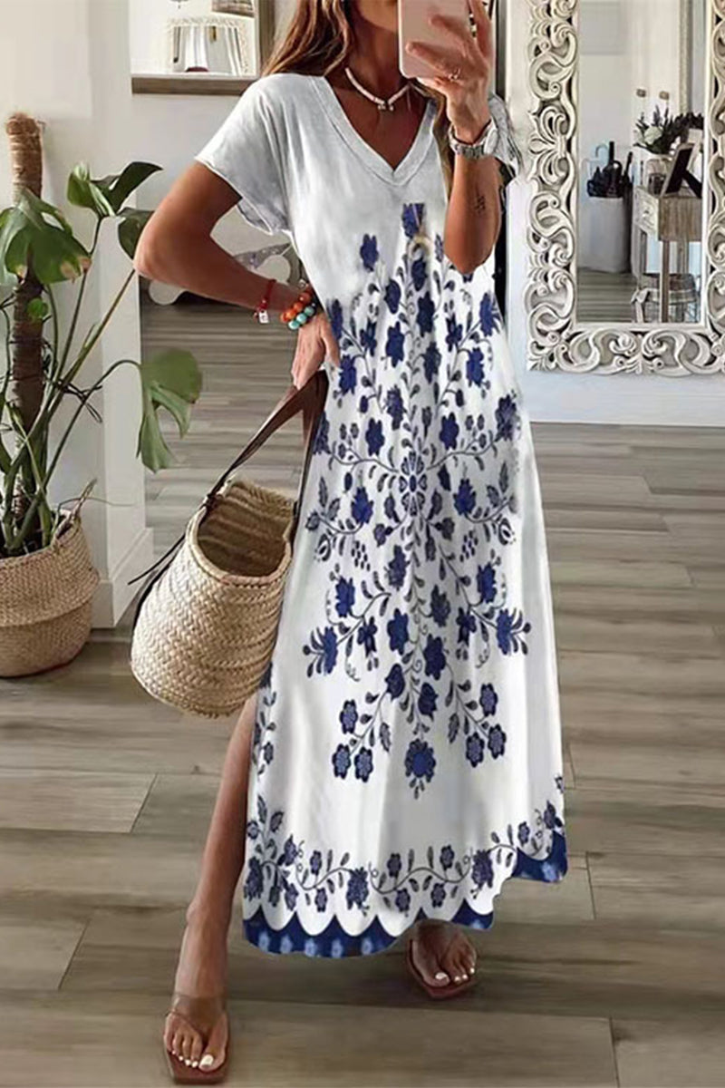Drune | Lässiges Mischdruck Patchwork Übersee Bedrucktes Kleid Kurze Ärmel Kleid