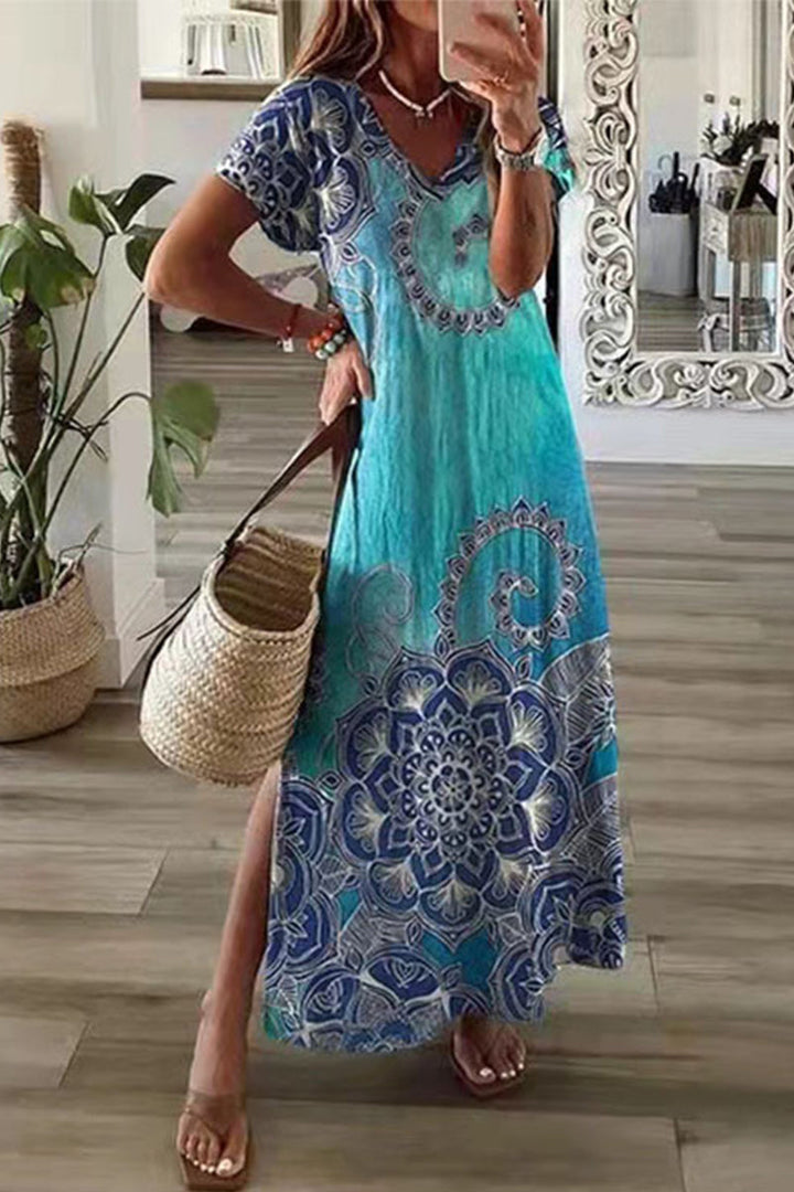 Drune | Lässiges Mischdruck Patchwork Übersee Bedrucktes Kleid Kurze Ärmel Kleid