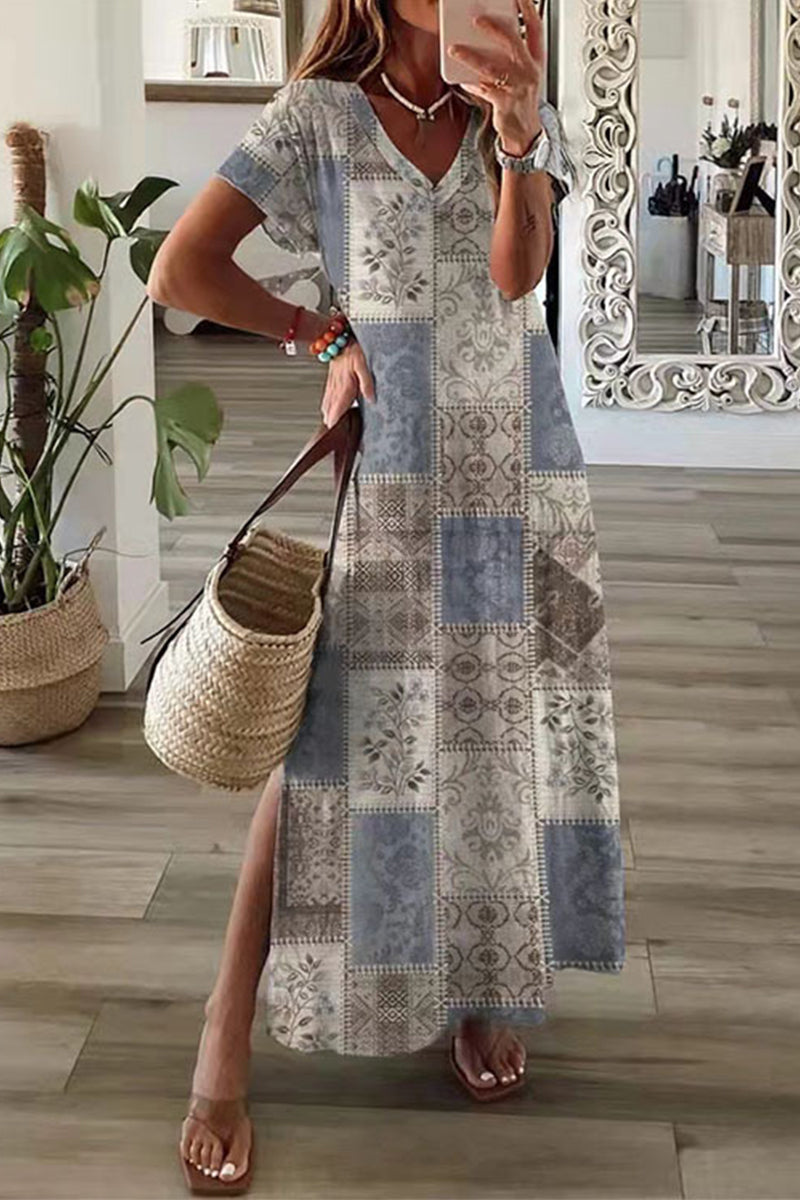 Drune | Lässiges Mischdruck Patchwork Übersee Bedrucktes Kleid Kurze Ärmel Kleid