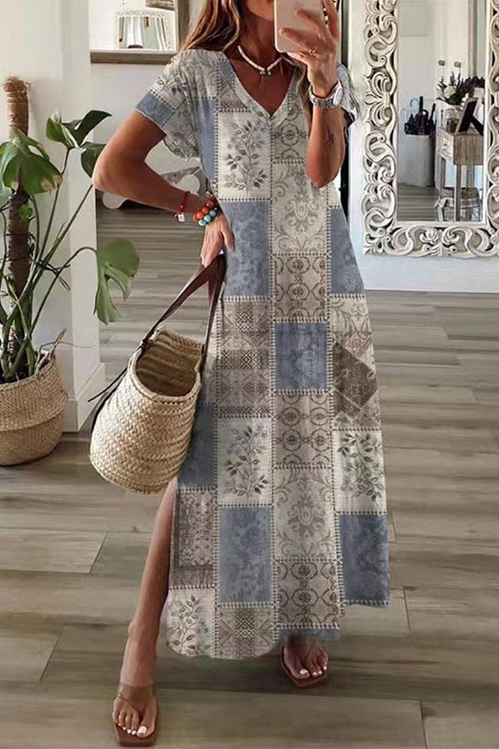 Drune | Lässiges Mischdruck Patchwork Übersee Bedrucktes Kleid Kurze Ärmel Kleid