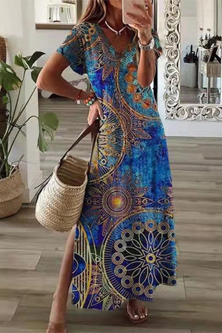 Drune | Lässiges Mischdruck Patchwork Übersee Bedrucktes Kleid Kurze Ärmel Kleid