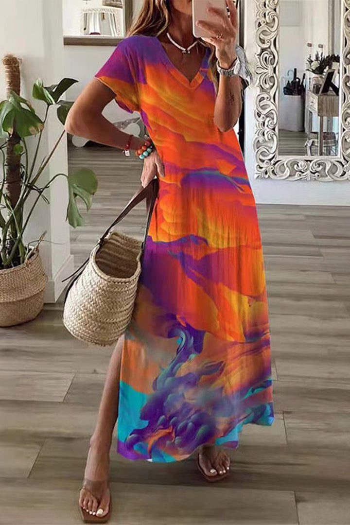 Drune | Lässiges Mischdruck Patchwork Übersee Bedrucktes Kleid Kurze Ärmel Kleid