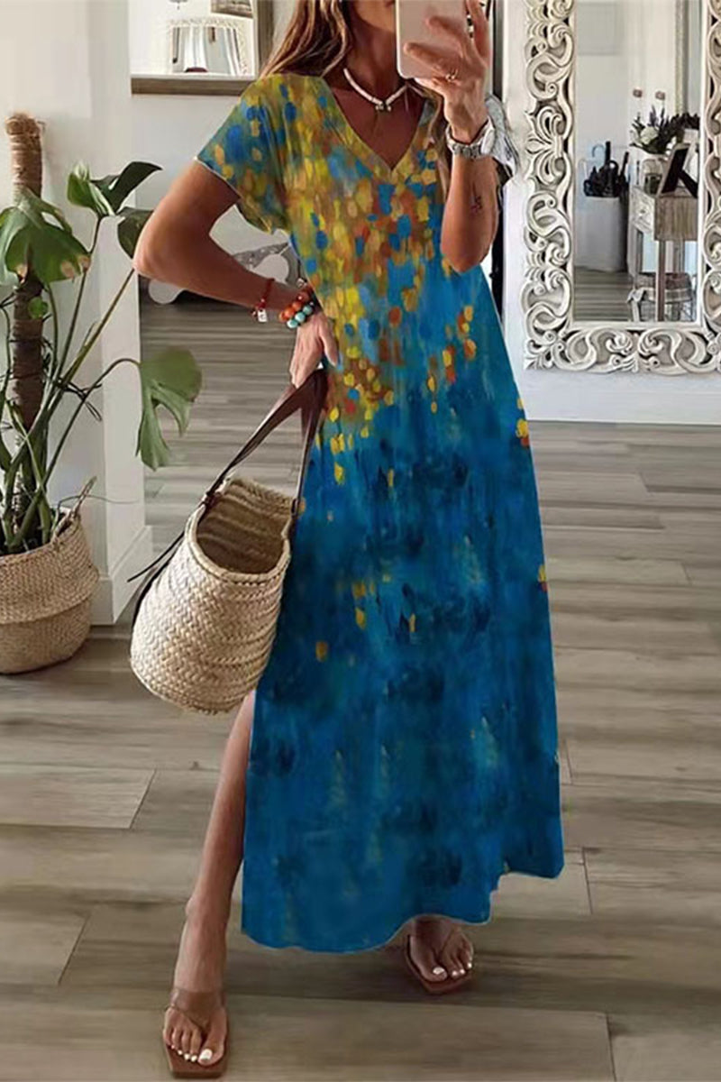 Drune | Lässiges Mischdruck Patchwork Übersee Bedrucktes Kleid Kurze Ärmel Kleid