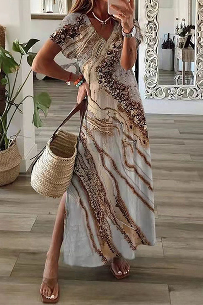 Drune | Lässiges Mischdruck Patchwork Übersee Bedrucktes Kleid Kurze Ärmel Kleid