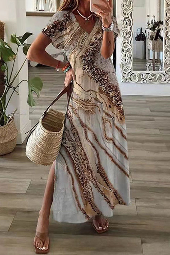 Drune | Lässiges Mischdruck Patchwork Übersee Bedrucktes Kleid Kurze Ärmel Kleid