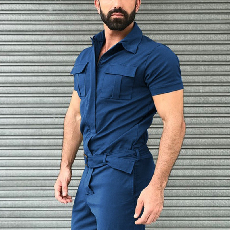 Herren nan Kurzarm-Arbeits-Overall mit Taillengürtel und Brusttaschen Drune