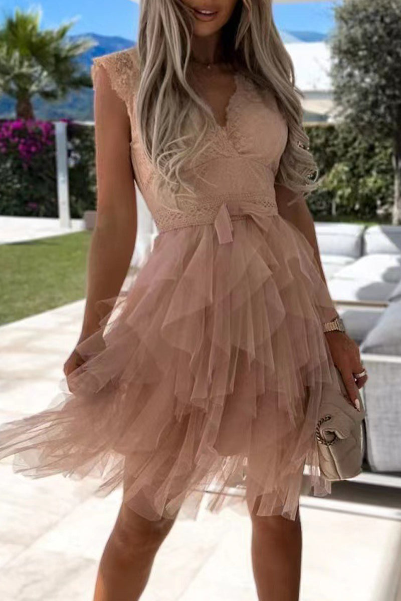 Drune | Süß Elegant Fest Mesh V-Ausschnitt Unregelmäßig Kleid Kleider
