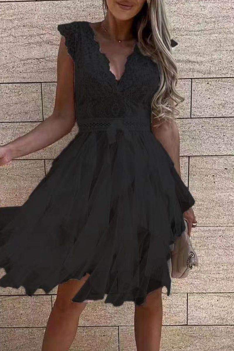 Drune | Süß Elegant Fest Mesh V-Ausschnitt Unregelmäßig Kleid Kleider