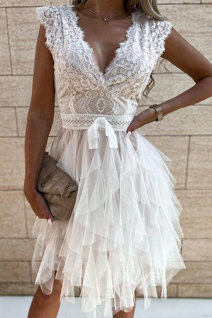 Drune | Süß Elegant Fest Mesh V-Ausschnitt Unregelmäßig Kleid Kleider