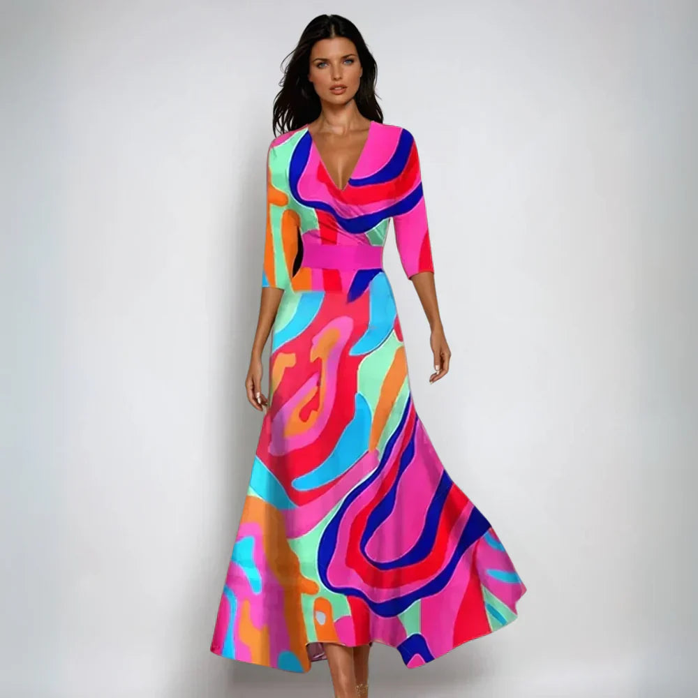 Drune | Maxikleid Mit V-Ausschnitt Und Lebendigem Abstraktem Print Für Damen